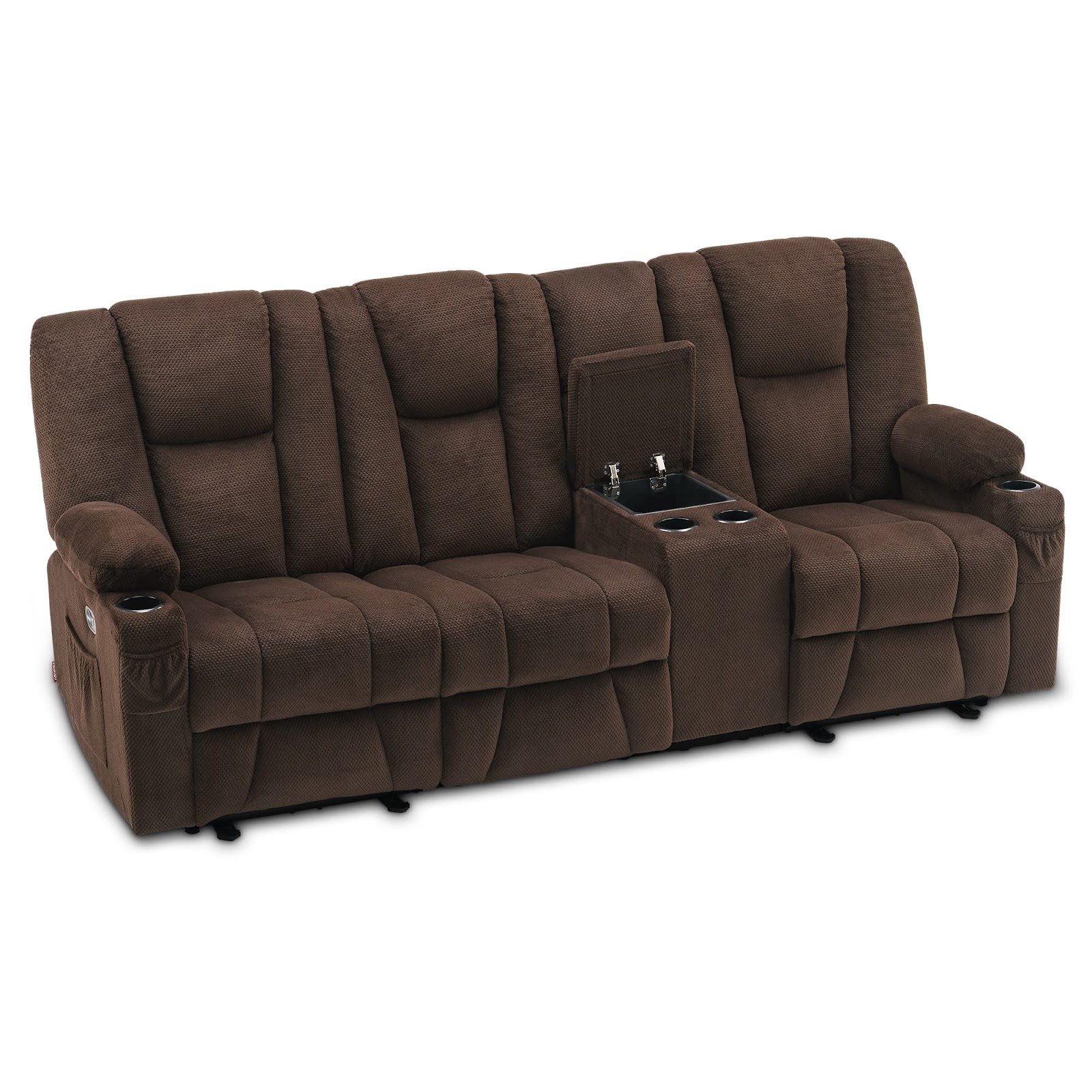 MCombo Power Reclining Sofa with Heat and Massage,USB Ports, Cup Holders,3-Seat Dual Recliner Sofa with Console for Living Room 6035 (Brown)