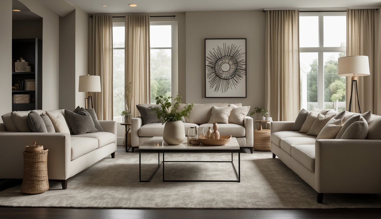 A sleek, uncluttered living room with clean lines, neutral colors, and a few carefully chosen decorative elements