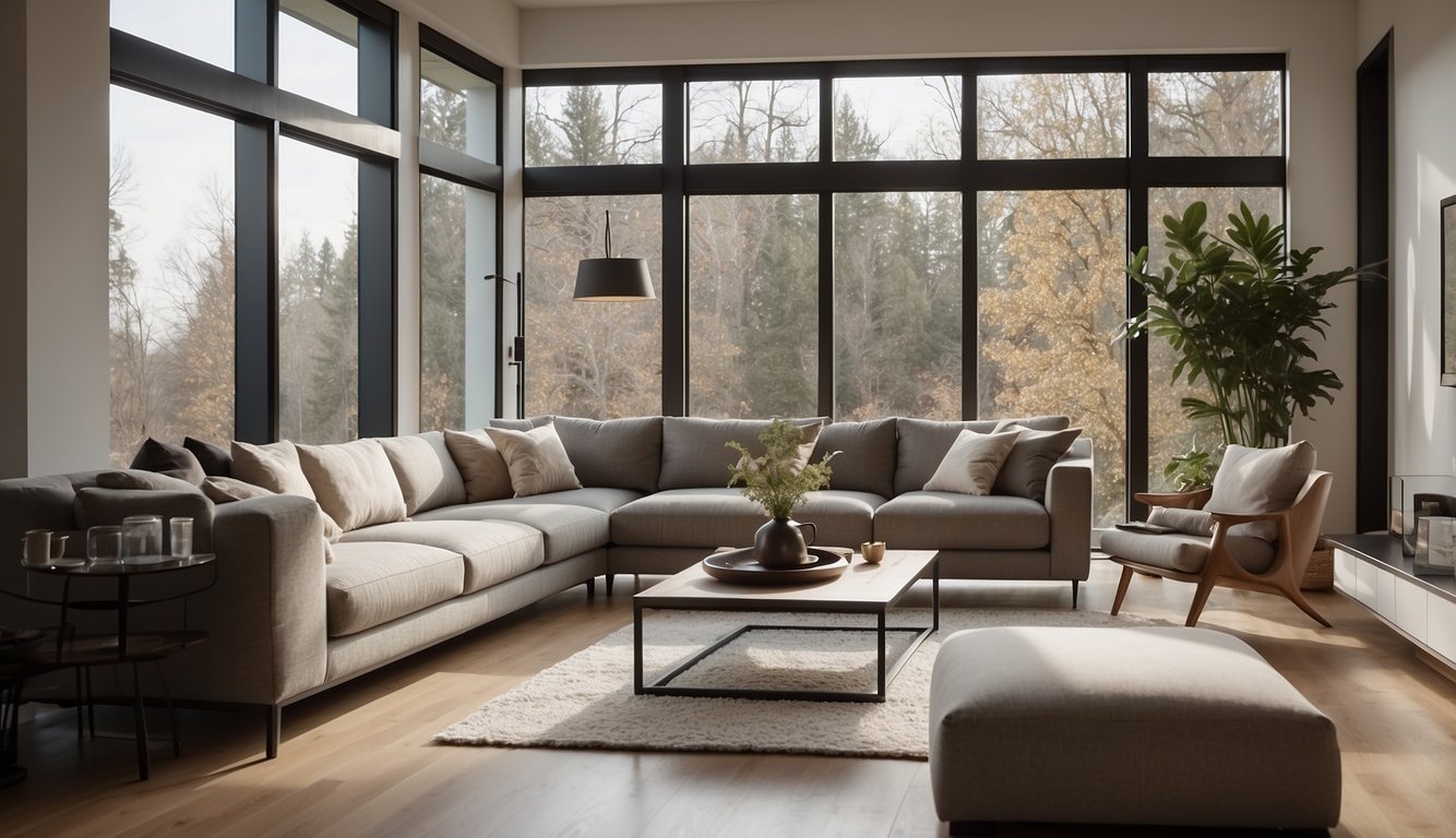 A clean, uncluttered living room with sleek furniture, neutral colors, and minimal decor. Large windows let in natural light, creating a serene and peaceful atmosphere