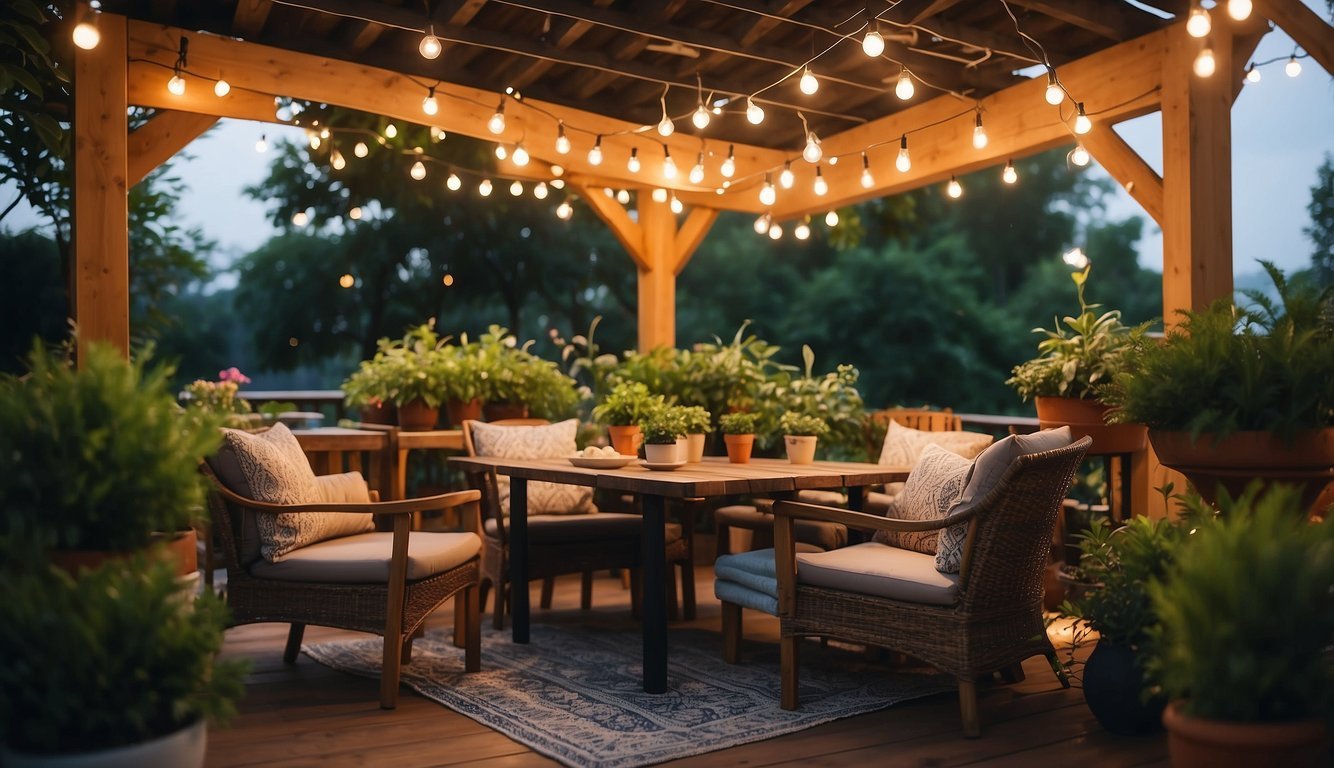 A cozy outdoor patio with a wooden dining set, colorful throw pillows, and a hanging string of lights, surrounded by lush greenery and potted plants