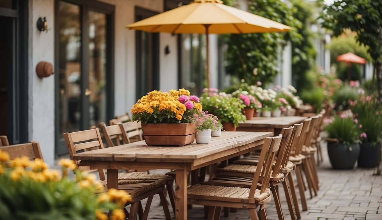 A cozy outdoor patio with a wooden table and chairs surrounded by lush greenery and colorful flower pots. A warm, inviting atmosphere perfect for relaxation and entertaining