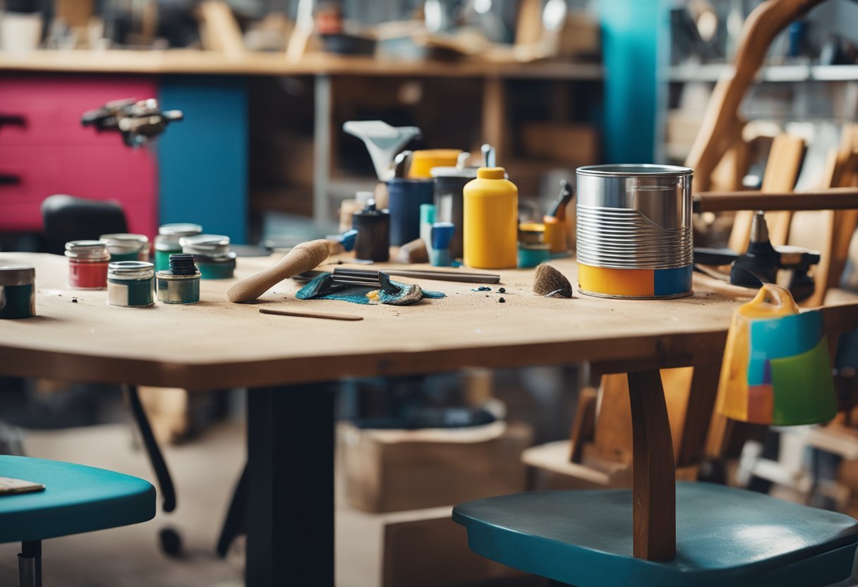 A cluttered workspace with tools, paint cans, and various furniture pieces. A chair being sanded down, while another is being painted in vibrant colors