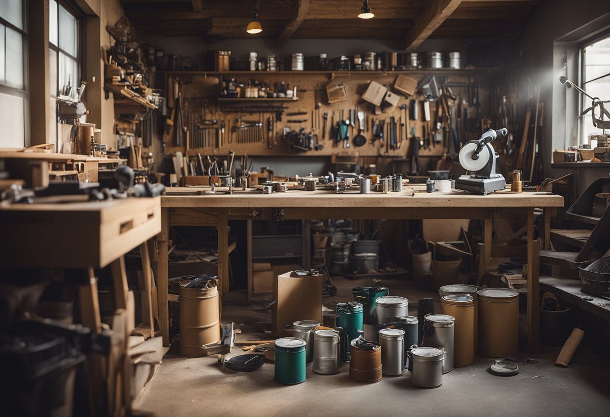 A cluttered workshop with tools and materials scattered around. A workbench holds half-finished furniture pieces. Paint cans and brushes are on the floor