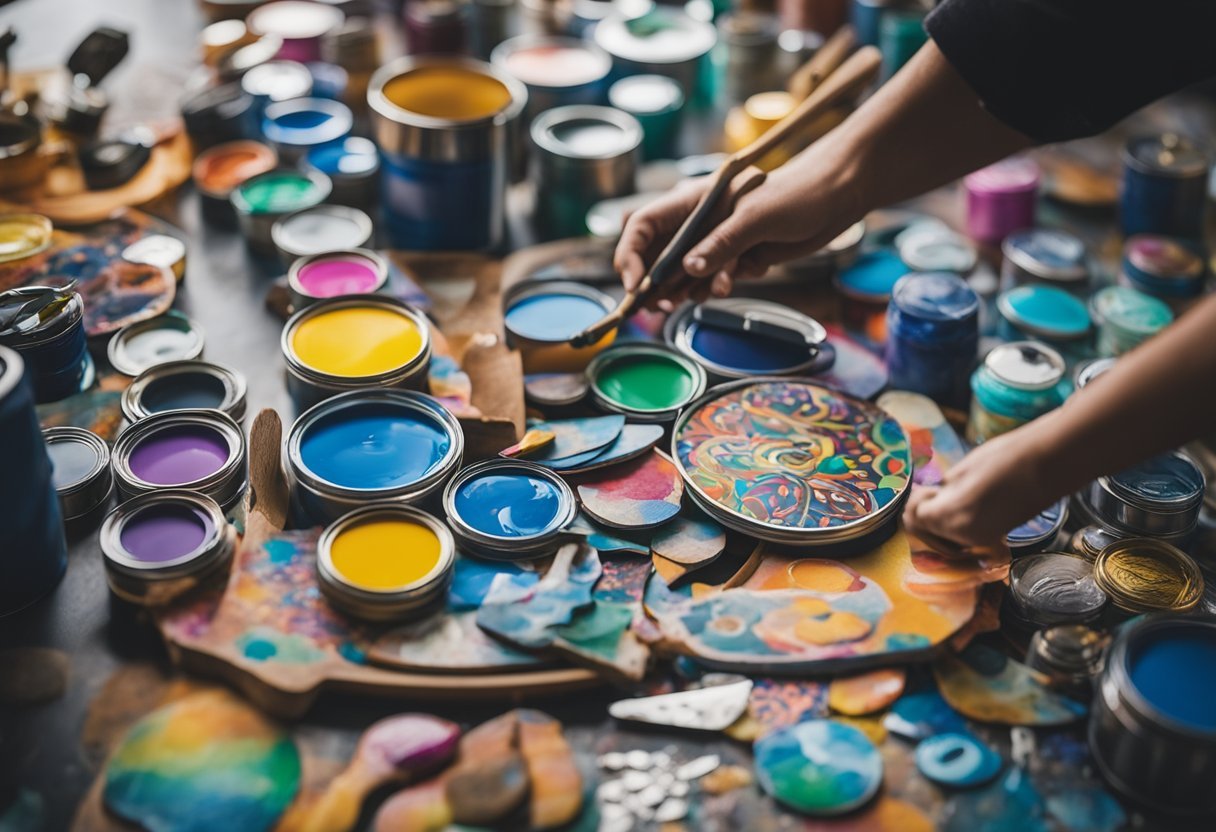 A table being painted with colorful designs and patterns, surrounded by various paint brushes, stencils, and paint cans