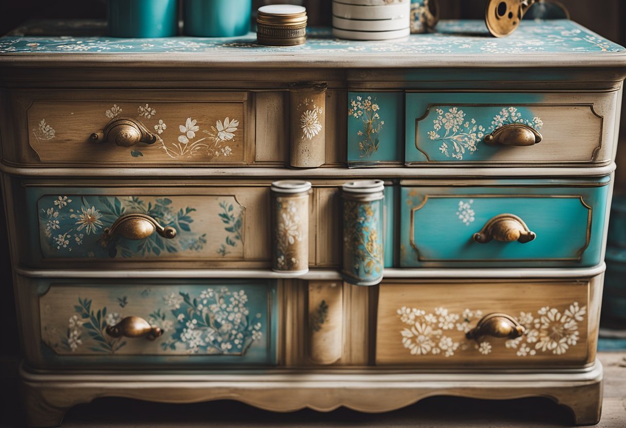 A hand-painted dresser with stenciled patterns, distressed edges, and decorative knobs. A DIY toolkit, paint cans, and brushes scattered on the floor