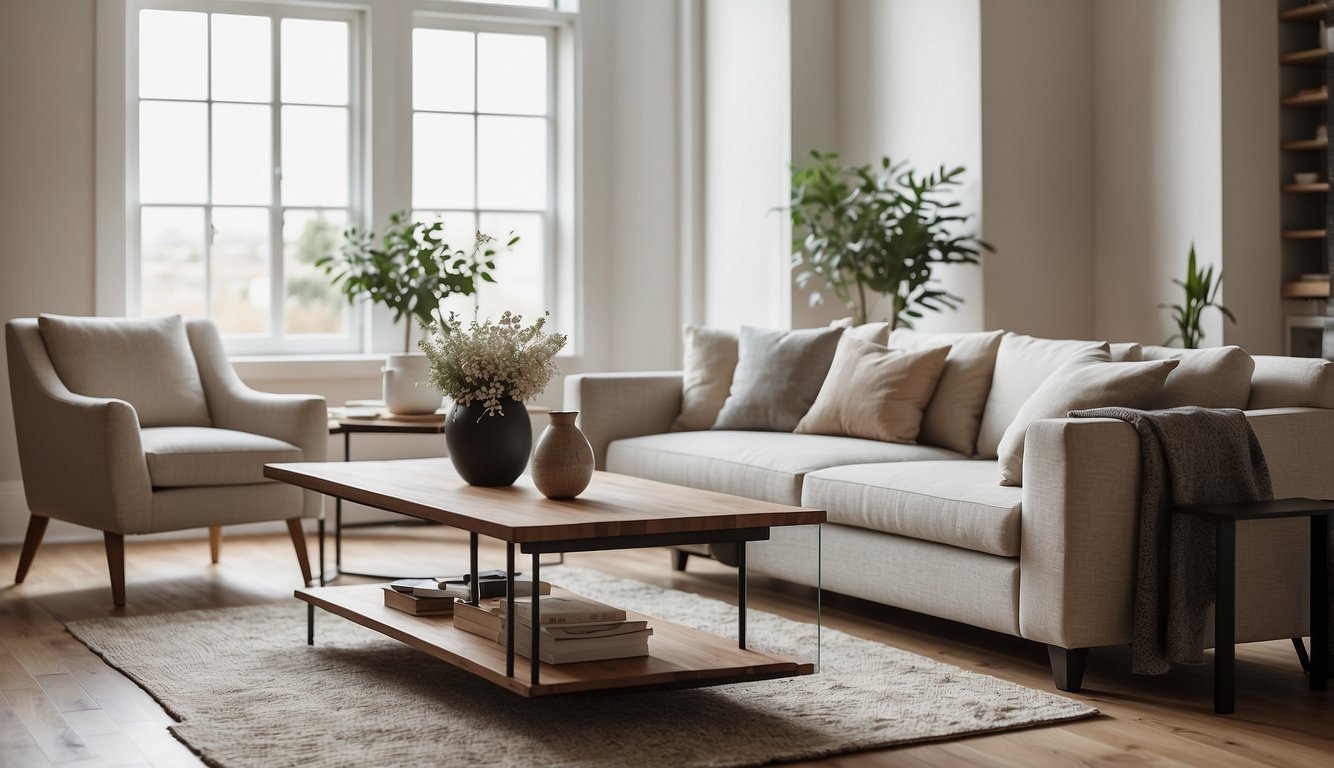 A clean, uncluttered living room with sleek furniture and neutral colors. A few carefully chosen decor pieces add interest without overwhelming the space