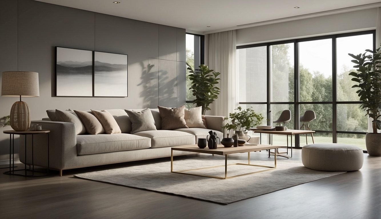 A sleek, uncluttered living room with clean lines, neutral colors, and simple furniture. A single piece of art on the wall, with plenty of natural light streaming in