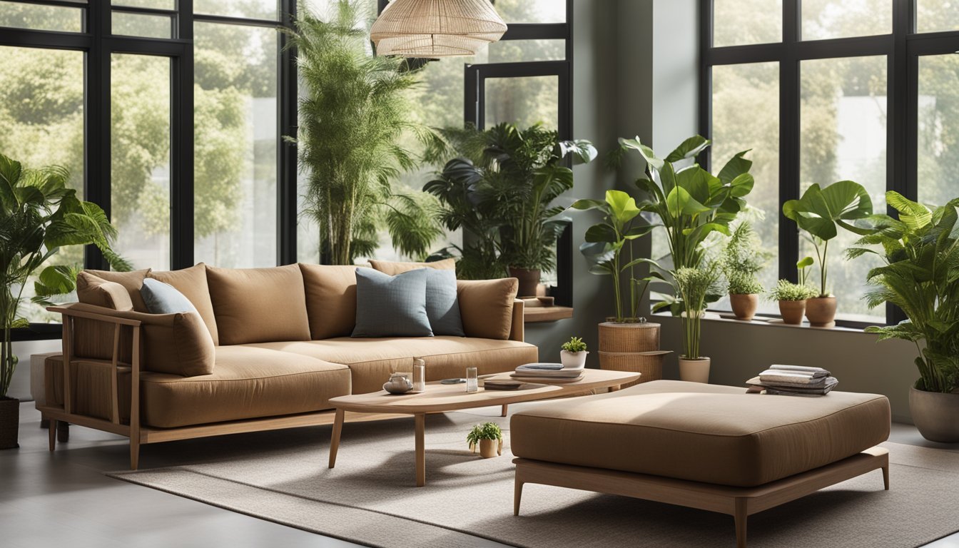 A living room with modular, multi-functional furniture, earthy tones, and sustainable materials. Large windows let in natural light, and indoor plants add a touch of greenery