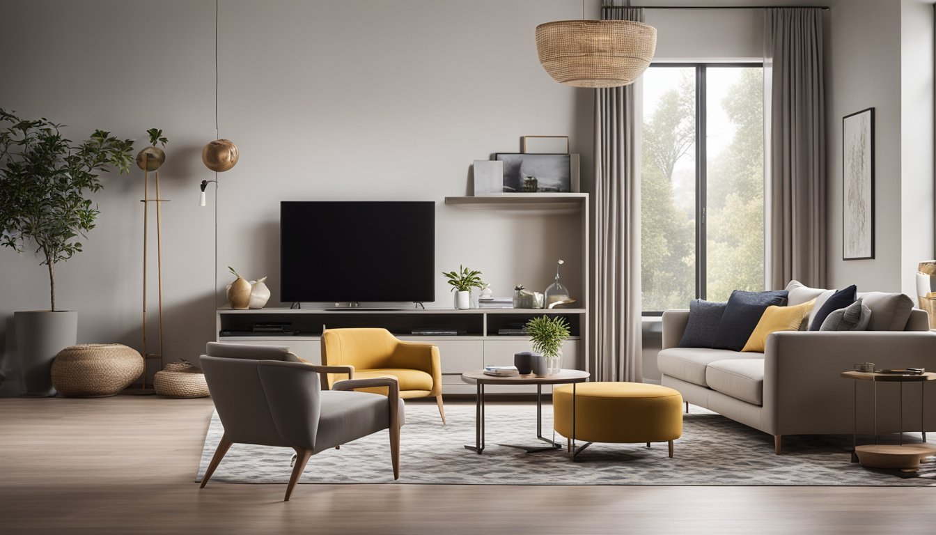 A modern living room with sleek, minimalist furniture and smart technology integrated throughout. The color scheme is neutral with pops of bold, vibrant accents