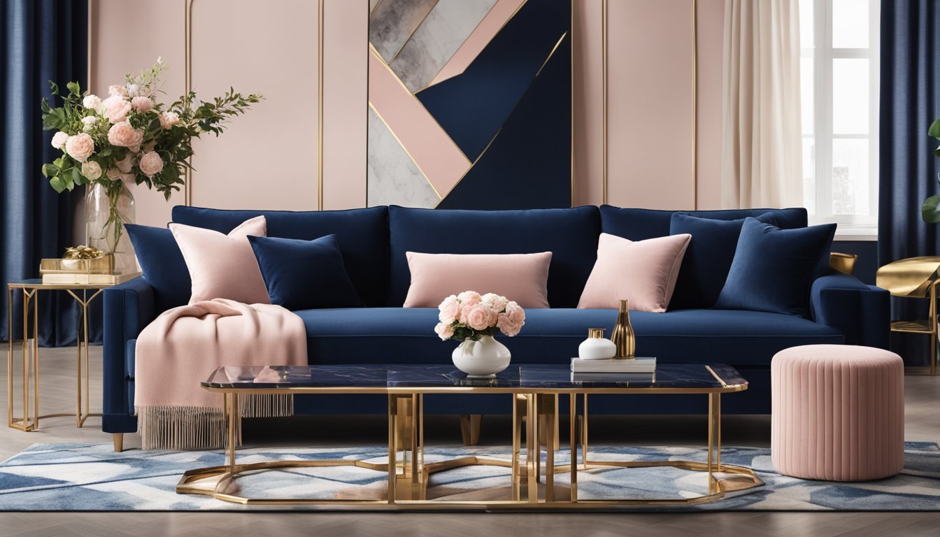 A living room with a modern color scheme: navy blue, blush pink, and gold accents. Furniture includes a velvet sofa, marble coffee table, and geometric patterned rug