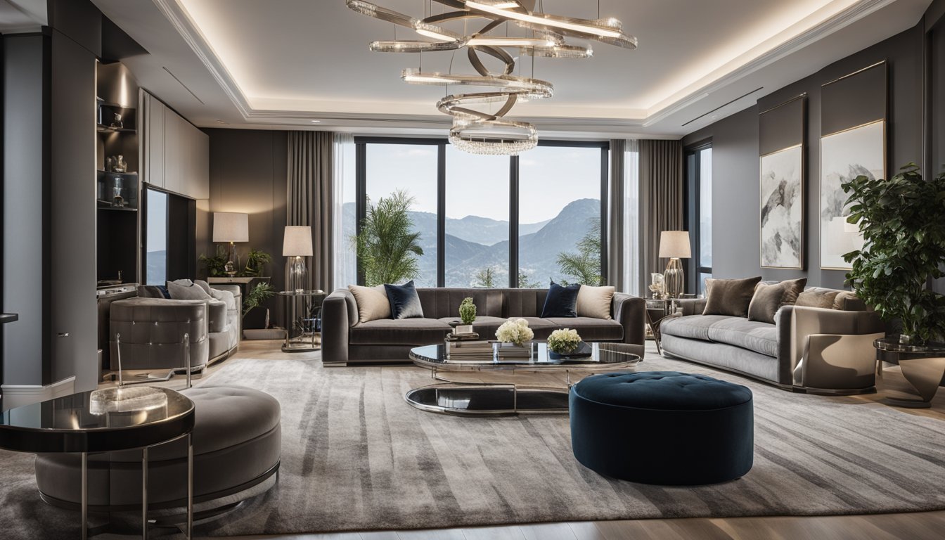 A modern living room with sleek metallic furniture, plush velvet upholstery, and marble accents. Glass and chrome lighting fixtures add a touch of elegance